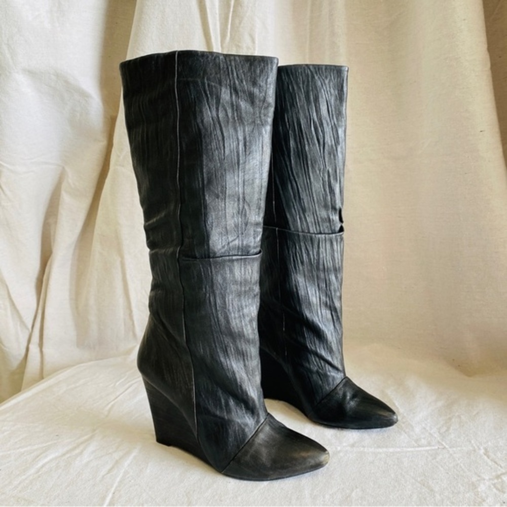 PLOMO Guiselle Wedge knee high boot crinkled leather fold-over cuff